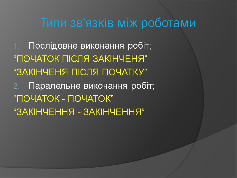 Типи зв'язків між роботами Послідовне виконання робіт; “ПОЧАТОК ПІСЛЯ ЗАКІНЧЕНЯ” “ЗАКІНЧЕНЯ ПІСЛЯ ПОЧАТКУ” Паралельне